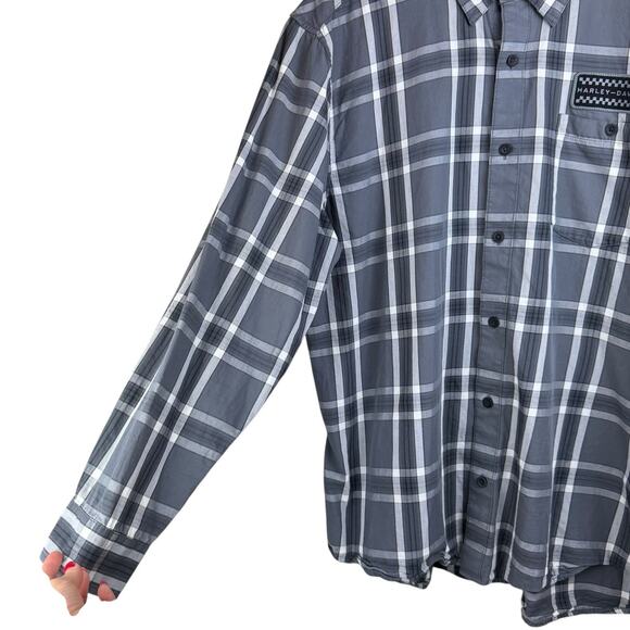 Harley Davidson 100% Cotton Gray Plaid Logo Patch Long Sleeve Button Up Shirt - Picture 3 of 9